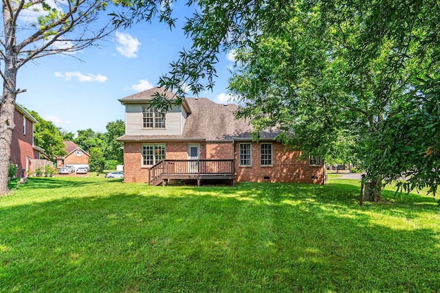 2415 Franklin Ln, Murfreesboro, TN 37130 - rear view of property featuring brick siding, crawl space, a yard, a wooden deck, and roof with shingles