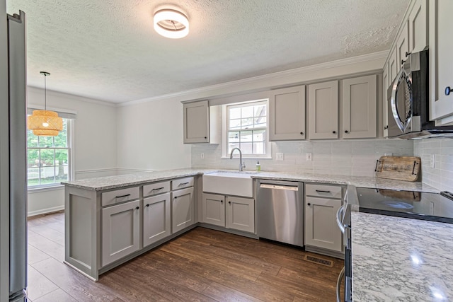 2415 Franklin Ln, Murfreesboro, TN 37130 - kitchen featuring appliances with stainless steel finishes, gray cabinets, a textured ceiling, a peninsula, and ornamental molding