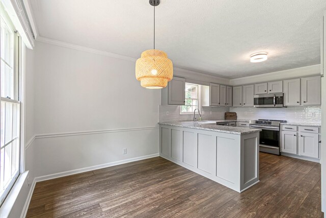 2415 Franklin Ln, Murfreesboro, TN 37130 - kitchen featuring stainless steel appliances, gray cabinetry, a peninsula, dark wood-style floors, and crown molding