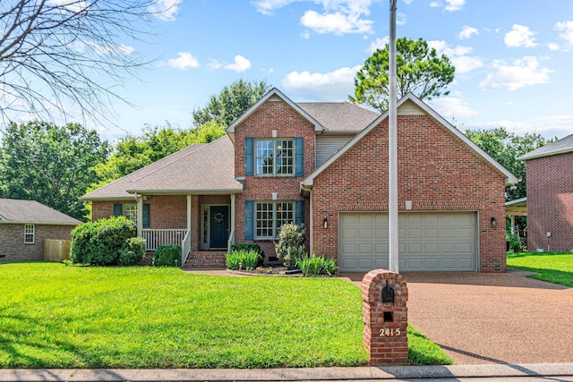 2415 Franklin Ln, Murfreesboro, TN 37130 - traditional-style home featuring driveway, brick siding, a front yard, a garage, and a porch