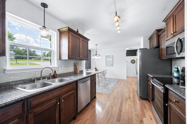7566 S Swift Rd, Goodlettsville, TN 37072 - kitchen featuring appliances with stainless steel finishes, dark countertops, decorative backsplash, and pendant lighting