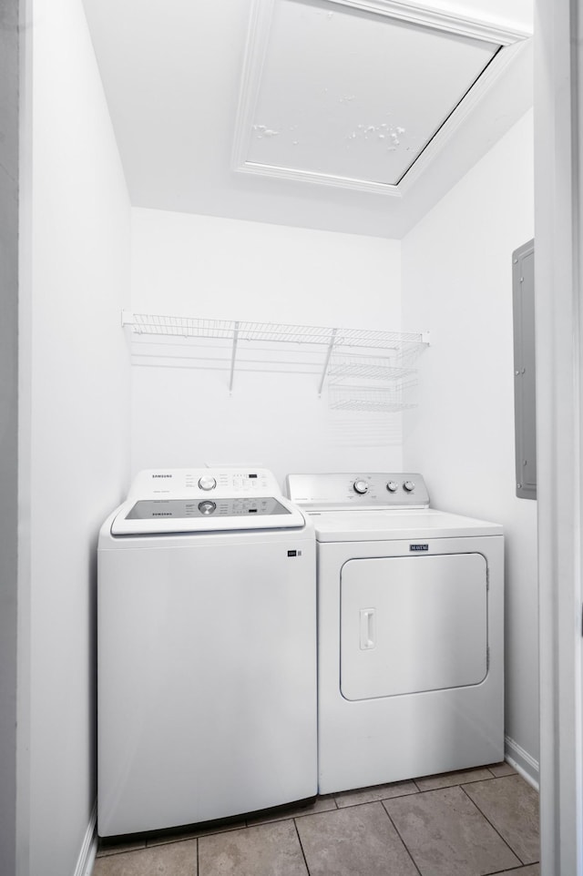 7566 S Swift Rd, Goodlettsville, TN 37072 - laundry area featuring separate washer and dryer, electric panel, light tile patterned flooring, and attic access