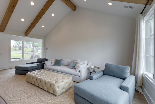 7555 Whiskey Rd, College Grove, TN 37046 - living room featuring beamed ceiling, recessed lighting, plenty of natural light, wood finished floors, and high vaulted ceiling