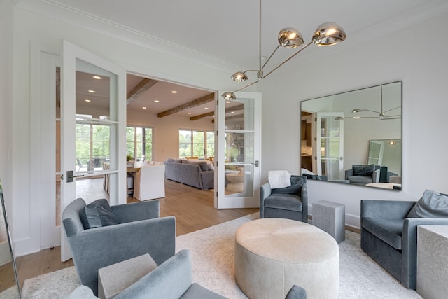 7555 Whiskey Rd, College Grove, TN 37046 - living area featuring wood finished floors, a chandelier, recessed lighting, and beamed ceiling