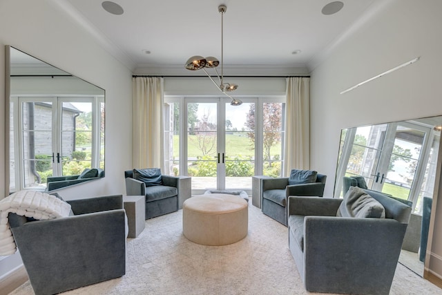 7555 Whiskey Rd, College Grove, TN 37046 - living area featuring french doors, ornamental molding, and a chandelier