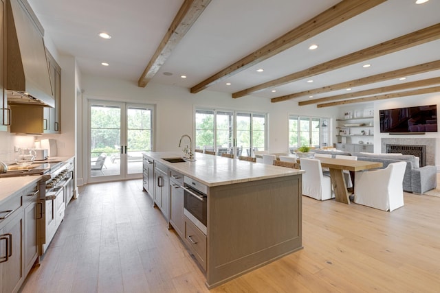 7555 Whiskey Rd, College Grove, TN 37046 - kitchen with appliances with stainless steel finishes, premium range hood, light wood-style flooring, recessed lighting, and open floor plan