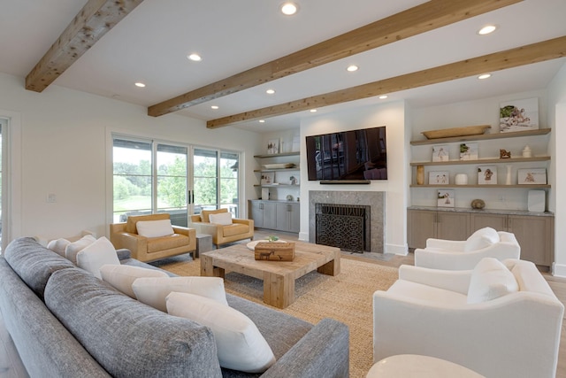7555 Whiskey Rd, College Grove, TN 37046 - living room with recessed lighting, beam ceiling, and a premium fireplace