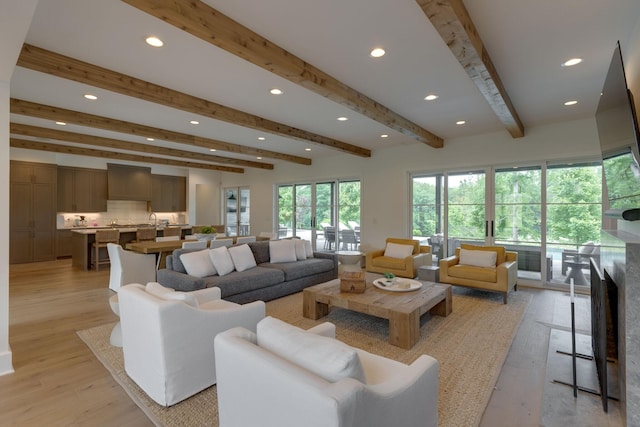 7555 Whiskey Rd, College Grove, TN 37046 - living area with beam ceiling, recessed lighting, and light wood-type flooring