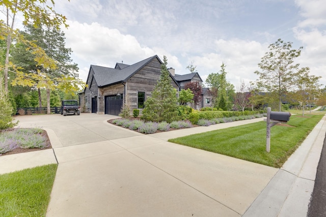 7555 Whiskey Rd, College Grove, TN 37046 - view of home's exterior with an attached garage, stone siding, driveway, and a yard