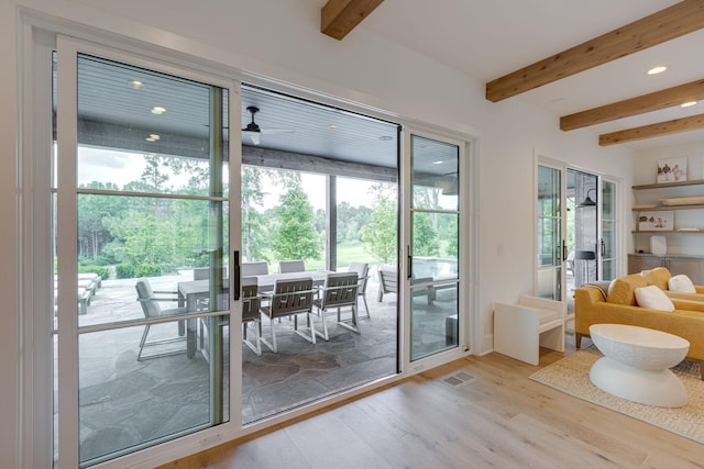 7555 Whiskey Rd, College Grove, TN 37046 - doorway to outside featuring beam ceiling, wood finished floors, recessed lighting, and a ceiling fan