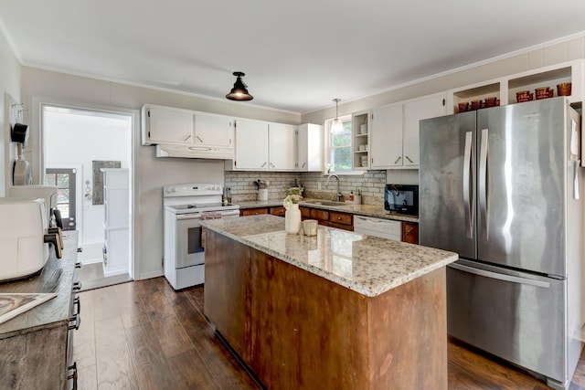 4985 Shihmen Dr, Antioch, TN 37013 - kitchen featuring white appliances, under cabinet range hood, crown molding, open shelves, and dark wood-style floors