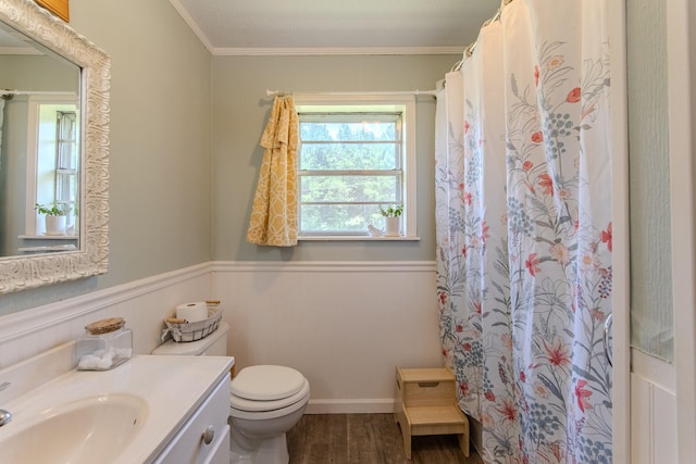 996 Matrose Carrolls Rd, Michie, TN 38357 - bathroom with vanity, ornamental molding, wood finished floors, and a shower with shower curtain