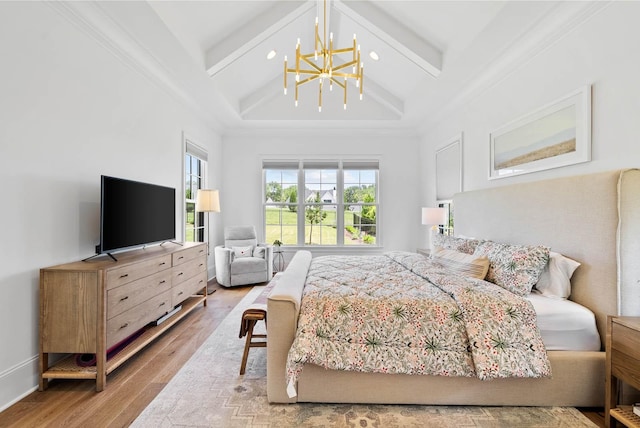 8869 Edgecomb Dr, College Grove, TN 37046 - bedroom with a chandelier, wood finished floors, beam ceiling, and high vaulted ceiling