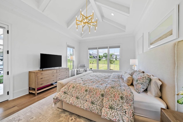 8869 Edgecomb Dr, College Grove, TN 37046 - bedroom with wood finished floors, a chandelier, beamed ceiling, and recessed lighting