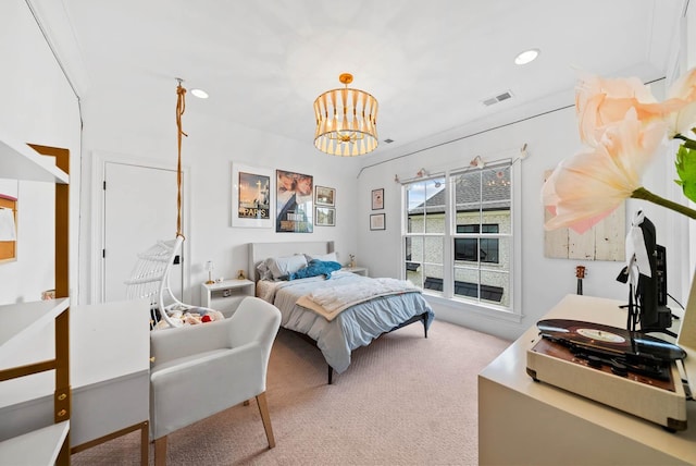 8869 Edgecomb Dr, College Grove, TN 37046 - carpeted bedroom with a chandelier and recessed lighting