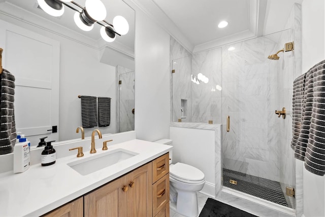 8869 Edgecomb Dr, College Grove, TN 37046 - full bathroom featuring vanity, a marble finish shower, ornamental molding, and recessed lighting