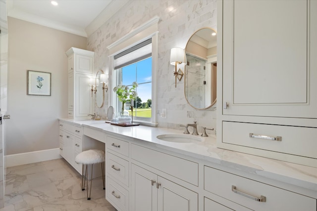2157 Abiff Rd, Burns, TN 37029 - full bathroom with ornamental molding, vanity, marble finish flooring, and recessed lighting