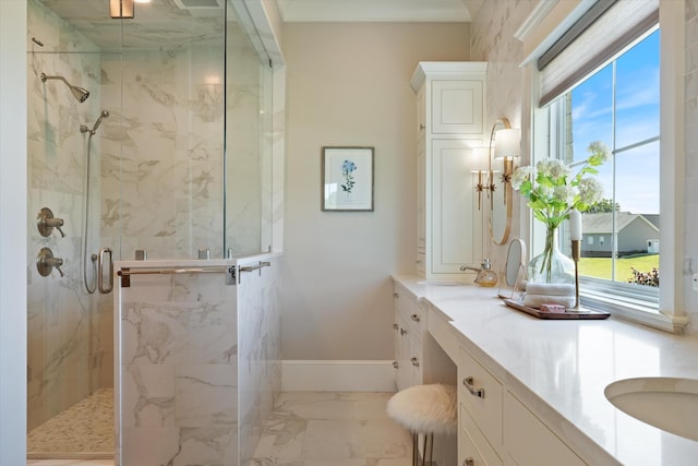 2157 Abiff Rd, Burns, TN 37029 - bathroom with marble look tiles, a marble finish shower, and vanity