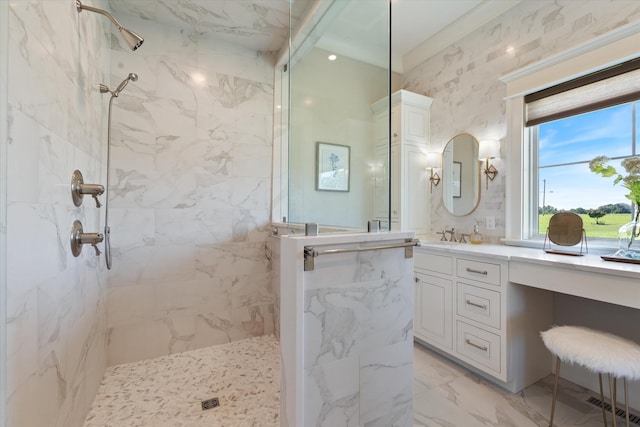 2157 Abiff Rd, Burns, TN 37029 - bathroom with a marble finish shower, marble finish floors, vanity, ornamental molding, and beam ceiling