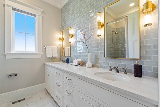 2157 Abiff Rd, Burns, TN 37029 - bathroom with crown molding, double vanity, marble look tile flooring, backsplash, and tiled shower