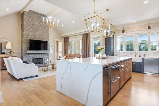 2157 Abiff Rd, Burns, TN 37029 - kitchen featuring a chandelier, stainless steel dishwasher, a stone fireplace, beam ceiling, and open floor plan