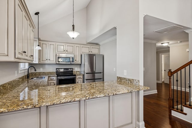 1037 Irish Way, Spring Hill, TN 37174 - kitchen with stainless steel appliances, light stone counters, a peninsula, dark wood-style flooring, and crown molding