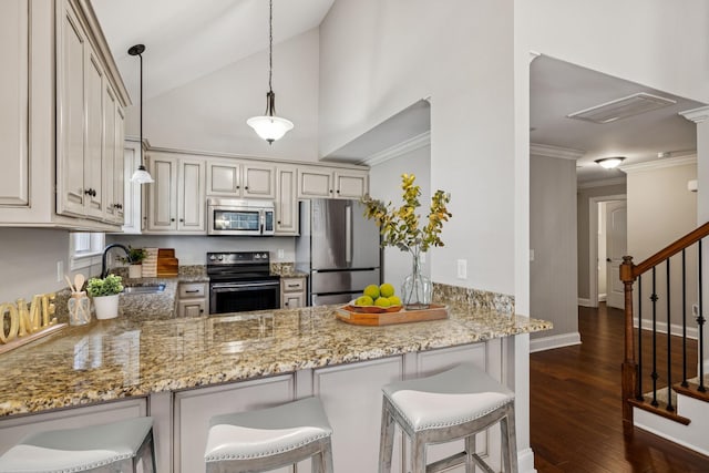 1037 Irish Way, Spring Hill, TN 37174 - kitchen with stainless steel appliances, a peninsula, light stone counters, dark wood-style flooring, and pendant lighting