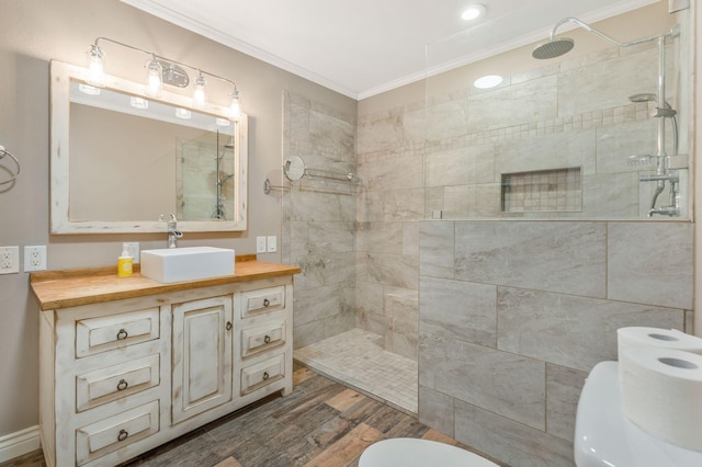 3035 Culleoka Hwy, Culleoka, TN 38451 - full bathroom with ornamental molding, wood finished floors, a walk in shower, and vanity