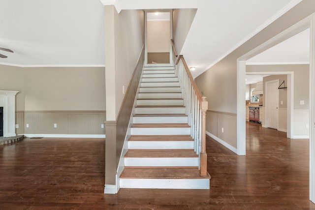 3035 Culleoka Hwy, Culleoka, TN 38451 - stairs with wainscoting, wood finished floors, ceiling fan, crown molding, and a fireplace with raised hearth
