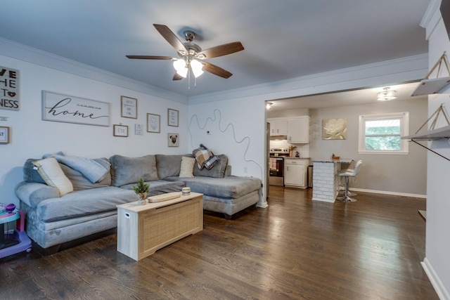 528 Maple St, Pulaski, TN 38478 - living area with crown molding, a ceiling fan, and dark wood-style flooring