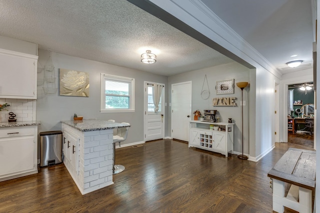 528 Maple St, Pulaski, TN 38478 - kitchen with white cabinets, dark wood-type flooring, light stone counters, a peninsula, and a textured ceiling