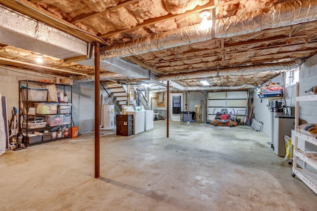 528 Maple St, Pulaski, TN 38478 - unfinished basement featuring stairs, washer and dryer, and electric water heater