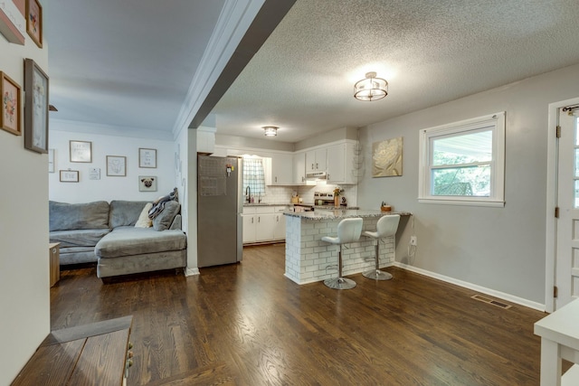 528 Maple St, Pulaski, TN 38478 - kitchen with freestanding refrigerator, stove, a peninsula, open floor plan, and white cabinetry