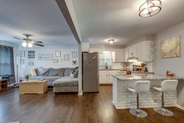 528 Maple St, Pulaski, TN 38478 - kitchen featuring electric range, a peninsula, white cabinetry, under cabinet range hood, and light stone countertops