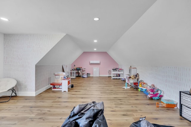 426 Maple Bend Rd, Winchester, TN 37398 - playroom with wallpapered walls, wood finished floors, recessed lighting, and vaulted ceiling