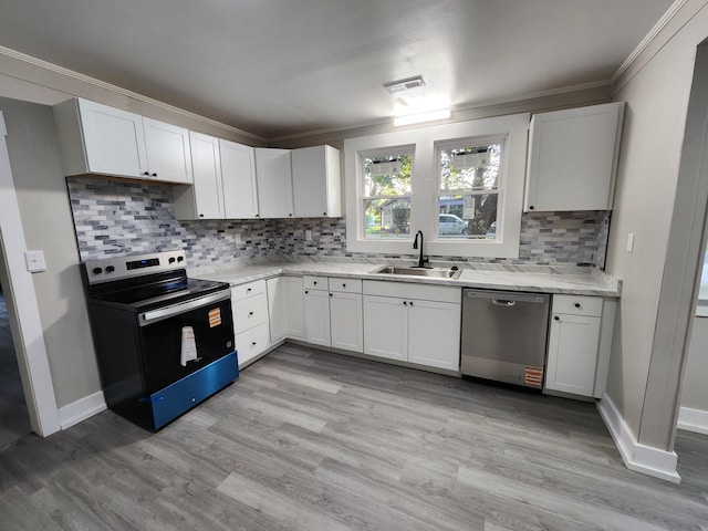 810 Lynwood St, Winchester, TN 37398 - kitchen featuring electric range oven, stainless steel dishwasher, ornamental molding, decorative backsplash, and light wood-style floors