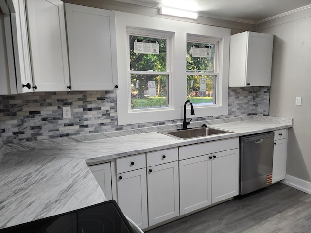 810 Lynwood St, Winchester, TN 37398 - kitchen featuring stainless steel dishwasher, ornamental molding, white cabinets, and decorative backsplash