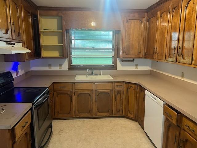 320 Shepherd Hills Dr, Madison, TN 37115 - kitchen with stainless steel range with electric stovetop, under cabinet range hood, dishwasher, and brown cabinets