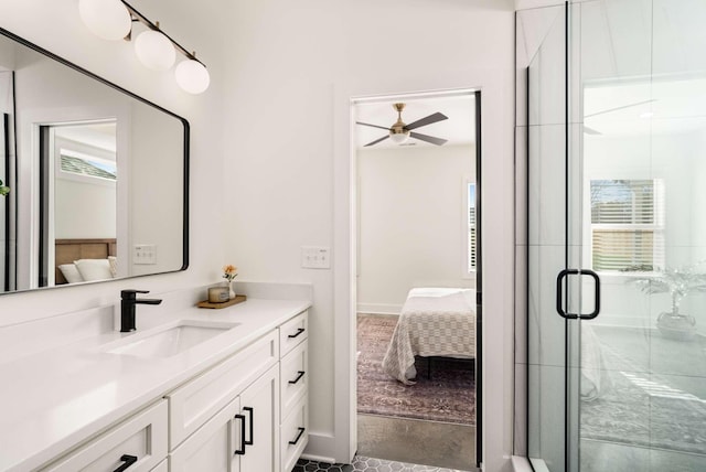 1823 River Dr, Nashville, TN 37218 - bathroom featuring connected bathroom, vanity, a shower stall, and ceiling fan