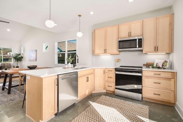 1823 River Dr, Nashville, TN 37218 - kitchen featuring light brown cabinetry, stainless steel appliances, a peninsula, finished concrete floors, and recessed lighting