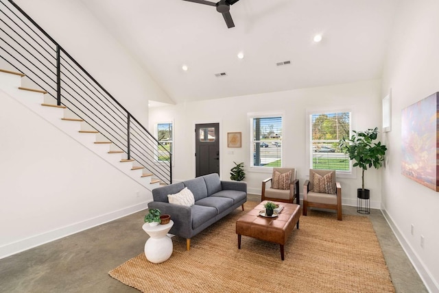 1823 River Dr, Nashville, TN 37218 - living room featuring stairway, high vaulted ceiling, a ceiling fan, recessed lighting, and carpet floors