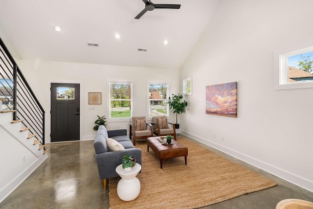 1823 River Dr, Nashville, TN 37218 - living room with healthy amount of natural light, high vaulted ceiling, concrete floors, a ceiling fan, and recessed lighting