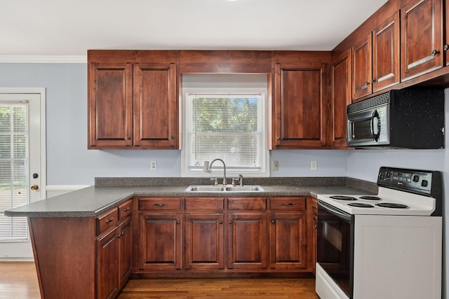 2311 Mayfair Ave, Murfreesboro, TN 37130 - kitchen featuring white electric stove, black microwave, dark countertops, a peninsula, and wood finished floors