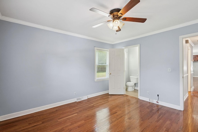 2311 Mayfair Ave, Murfreesboro, TN 37130 - unfurnished bedroom featuring wood finished floors, ornamental molding, ensuite bathroom, and ceiling fan