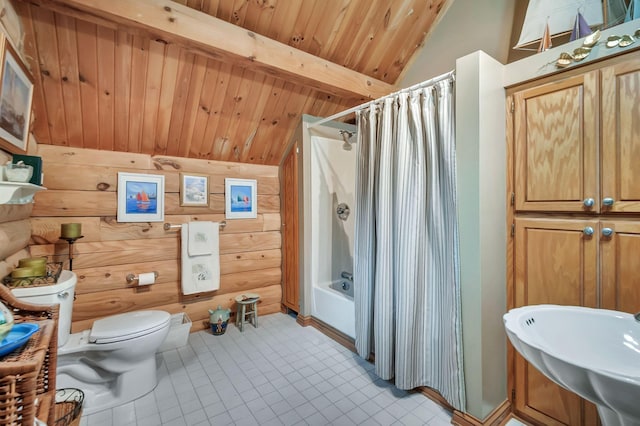 20151 Ben Fly Rd, Lyles, TN 37098 - bathroom featuring wood ceiling, tile patterned flooring, and shower / bath combo with shower curtain