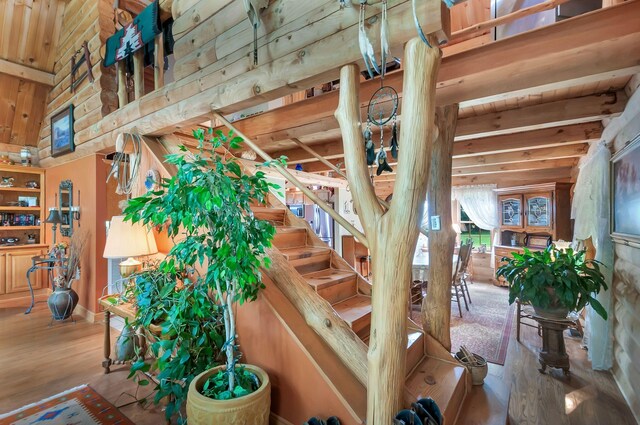 20151 Ben Fly Rd, Lyles, TN 37098 - stairs featuring wood finished floors and beamed ceiling