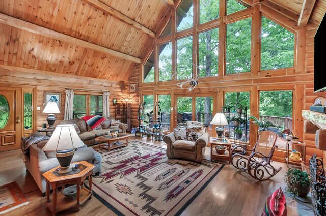 20151 Ben Fly Rd, Lyles, TN 37098 - living area with high vaulted ceiling, wood finished floors, healthy amount of natural light, and a wooden ceiling with exposed beams