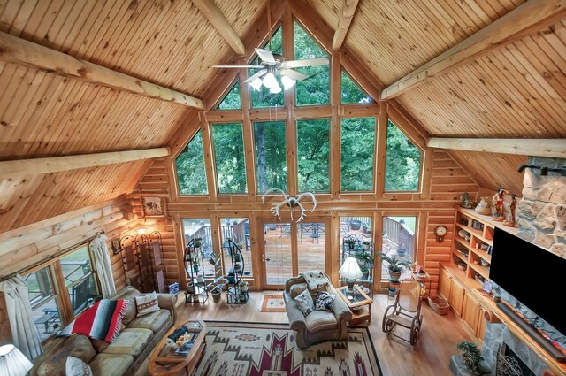 20151 Ben Fly Rd, Lyles, TN 37098 - living room with high vaulted ceiling, log walls, a wood ceiling with exposed beams, hardwood / wood-style flooring, and ceiling fan