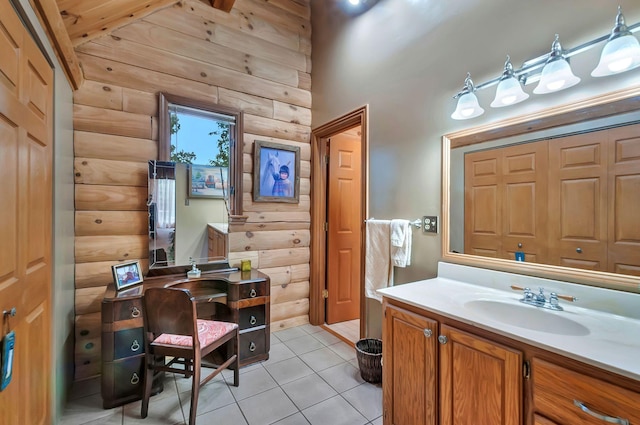 20151 Ben Fly Rd, Lyles, TN 37098 - bathroom with log walls, vanity, tile patterned flooring, and a high ceiling