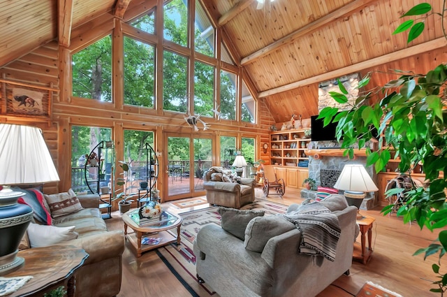 20151 Ben Fly Rd, Lyles, TN 37098 - living area with high vaulted ceiling, a wood ceiling with exposed beams, and hardwood / wood-style flooring